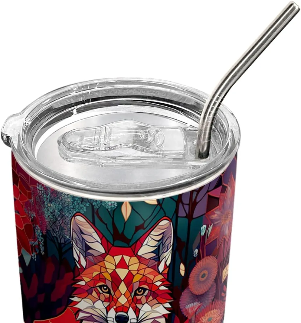 20oz Red Ruby Stained Glass Crystal Mosaic Fox Tumbler, Gifts for Fox Lovers, Coffee Thermos for Women, Stainless Steel Double Wall Vacuum Insulated Coffee Mug, Travel Cup with Lid