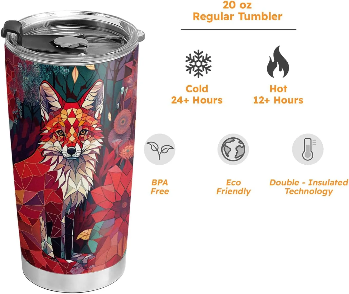 20oz Red Ruby Stained Glass Crystal Mosaic Fox Tumbler, Gifts for Fox Lovers, Coffee Thermos for Women, Stainless Steel Double Wall Vacuum Insulated Coffee Mug, Travel Cup with Lid