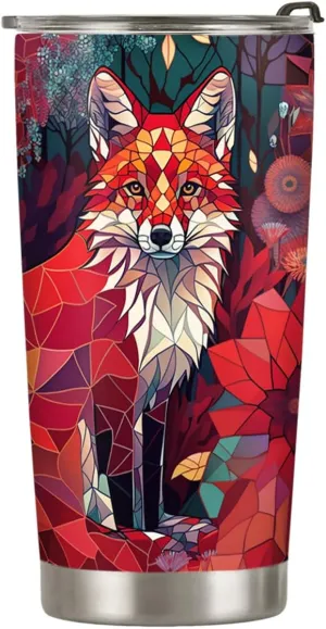 20oz Red Ruby Stained Glass Crystal Mosaic Fox Tumbler, Gifts for Fox Lovers, Coffee Thermos for Women, Stainless Steel Double Wall Vacuum Insulated Coffee Mug, Travel Cup with Lid