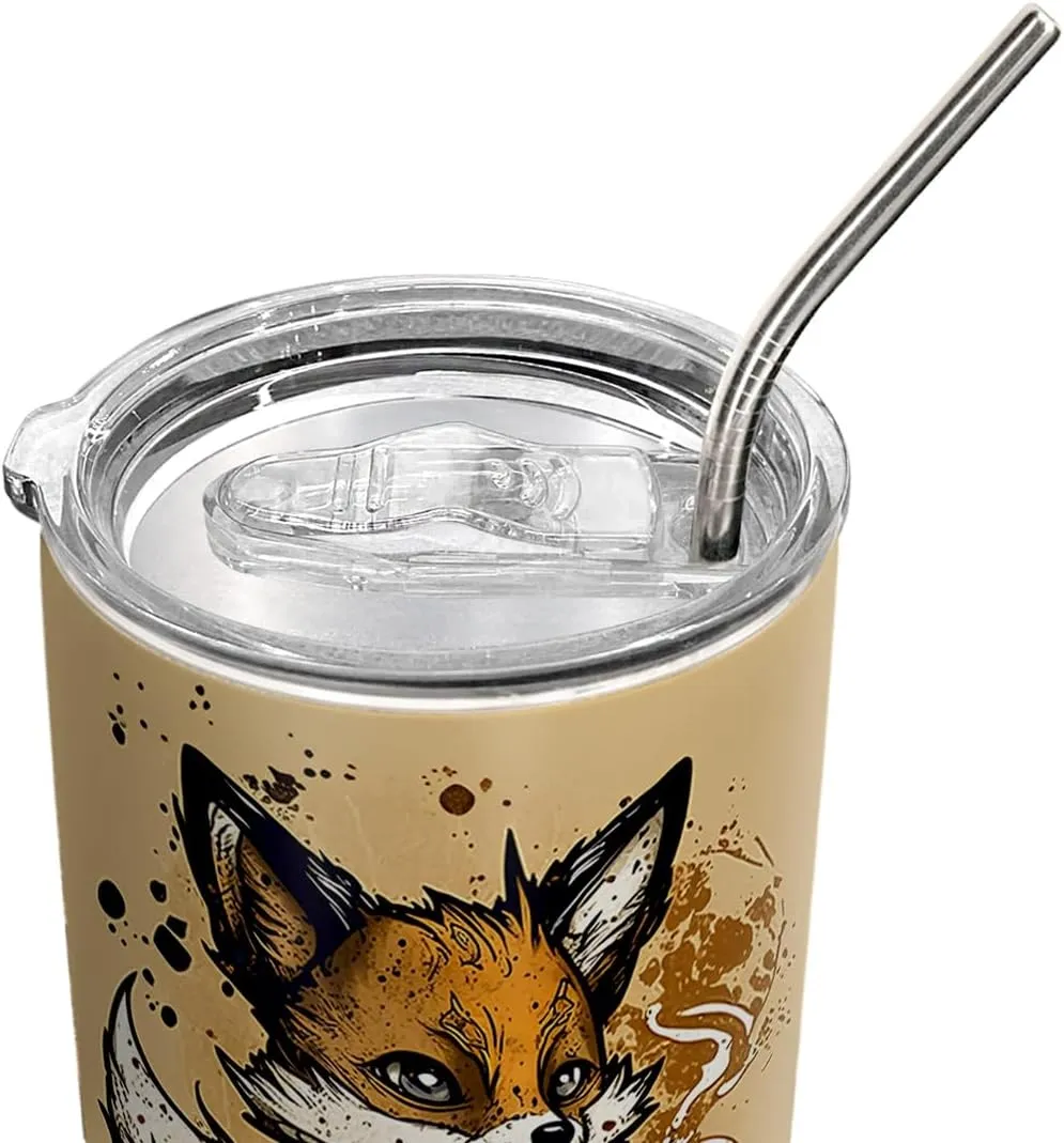 20oz Vintage Coffee Fox Tumbler, Gifts for Fox Lovers, Coffees Thermos for Women, Stainless Steel Double Wall Vacuum Insulated Coffee Mug, Travel Cup with Lid