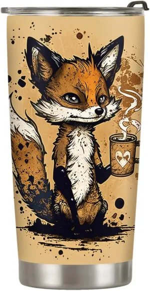 20oz Vintage Coffee Fox Tumbler, Gifts for Fox Lovers, Coffees Thermos for Women, Stainless Steel Double Wall Vacuum Insulated Coffee Mug, Travel Cup with Lid