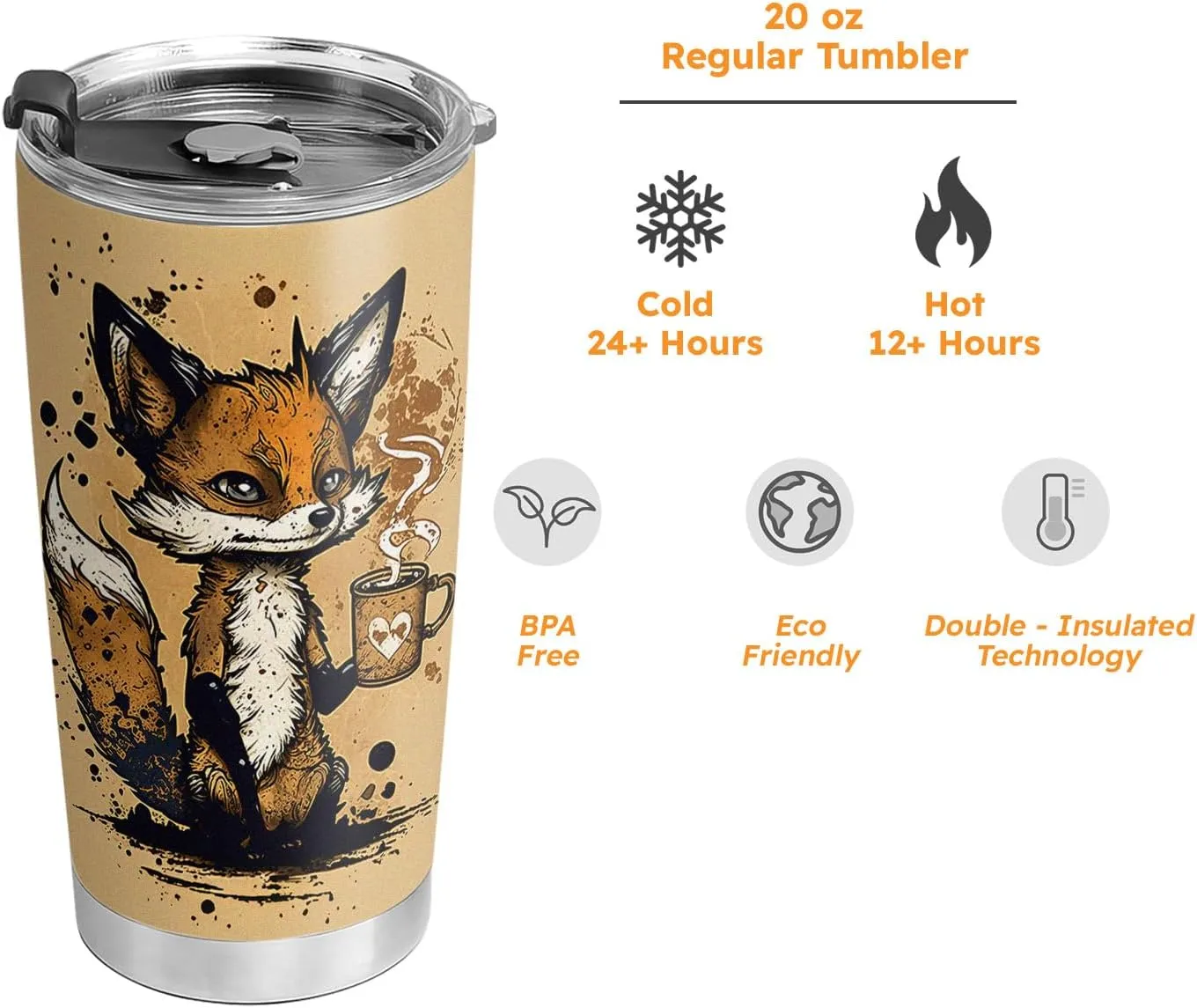 20oz Vintage Coffee Fox Tumbler, Gifts for Fox Lovers, Coffees Thermos for Women, Stainless Steel Double Wall Vacuum Insulated Coffee Mug, Travel Cup with Lid