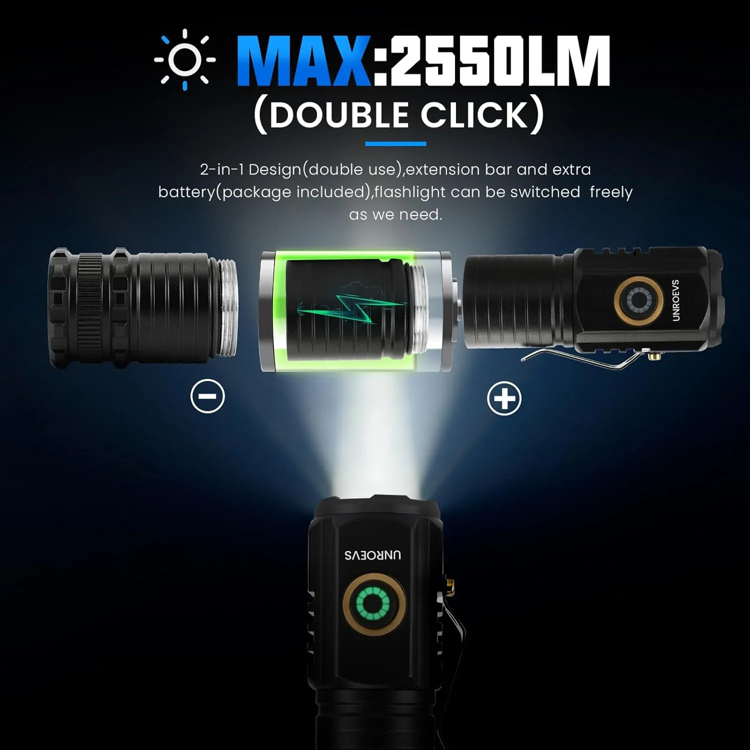 2550 Lumen 2-in-1 Small Flashlight,Led Rechargeable Flashlights High Lumens USB C Charge,Small Powerful Flashlights with 5 Modes, Magnetic Flashlight for Camping, Hiking, Emergency