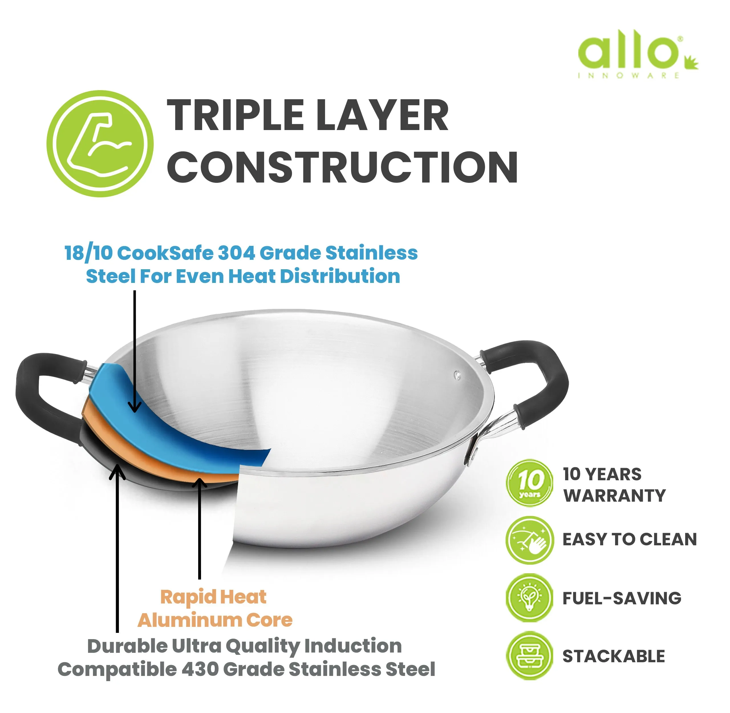 2L Allo CookSafe TriPly Kadhai | Stainless Steel | With Stainless Steel Lid | Induction Friendly | Naturally Non-stick | 22cm