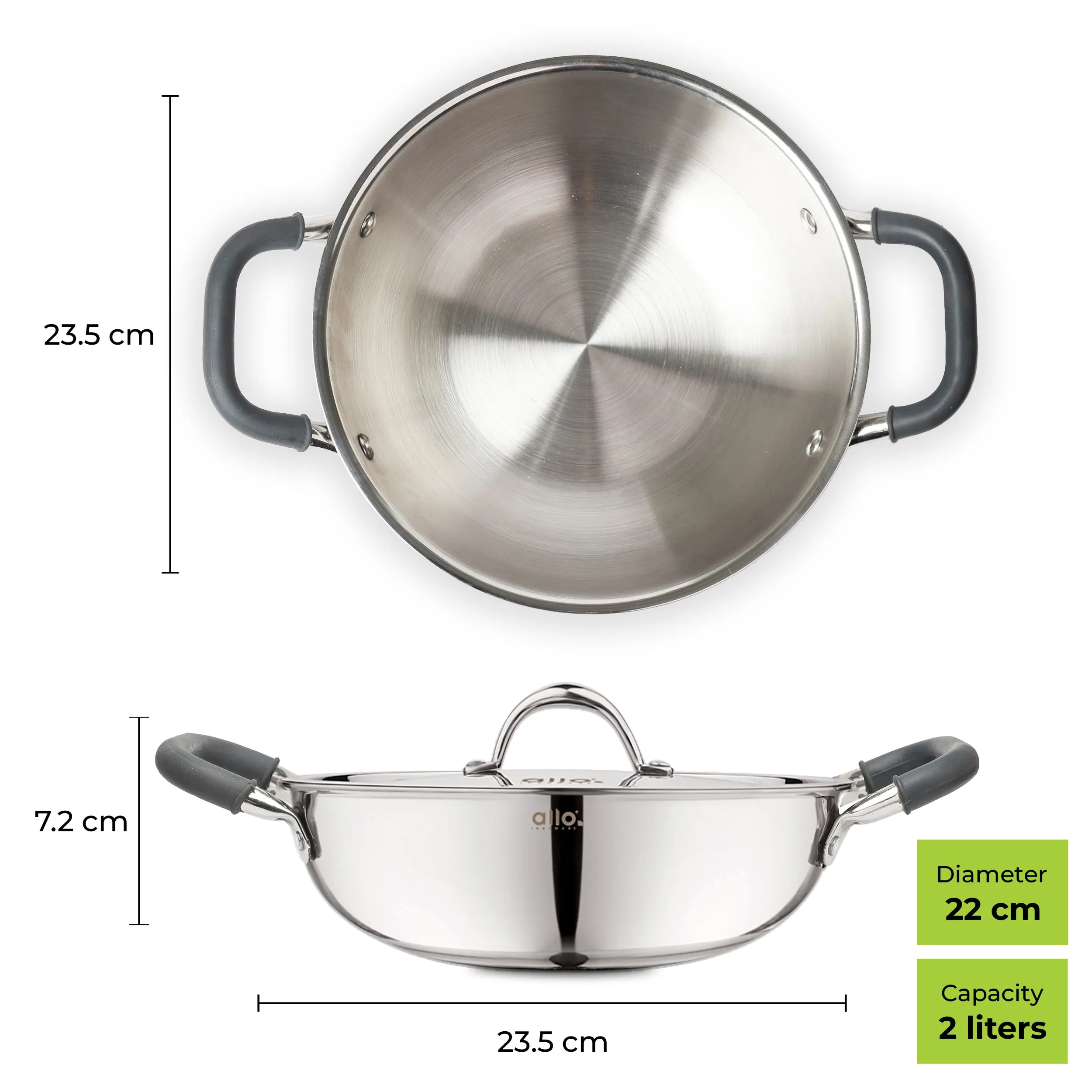2L Allo CookSafe TriPly Kadhai | Stainless Steel | With Stainless Steel Lid | Induction Friendly | Naturally Non-stick | 22cm