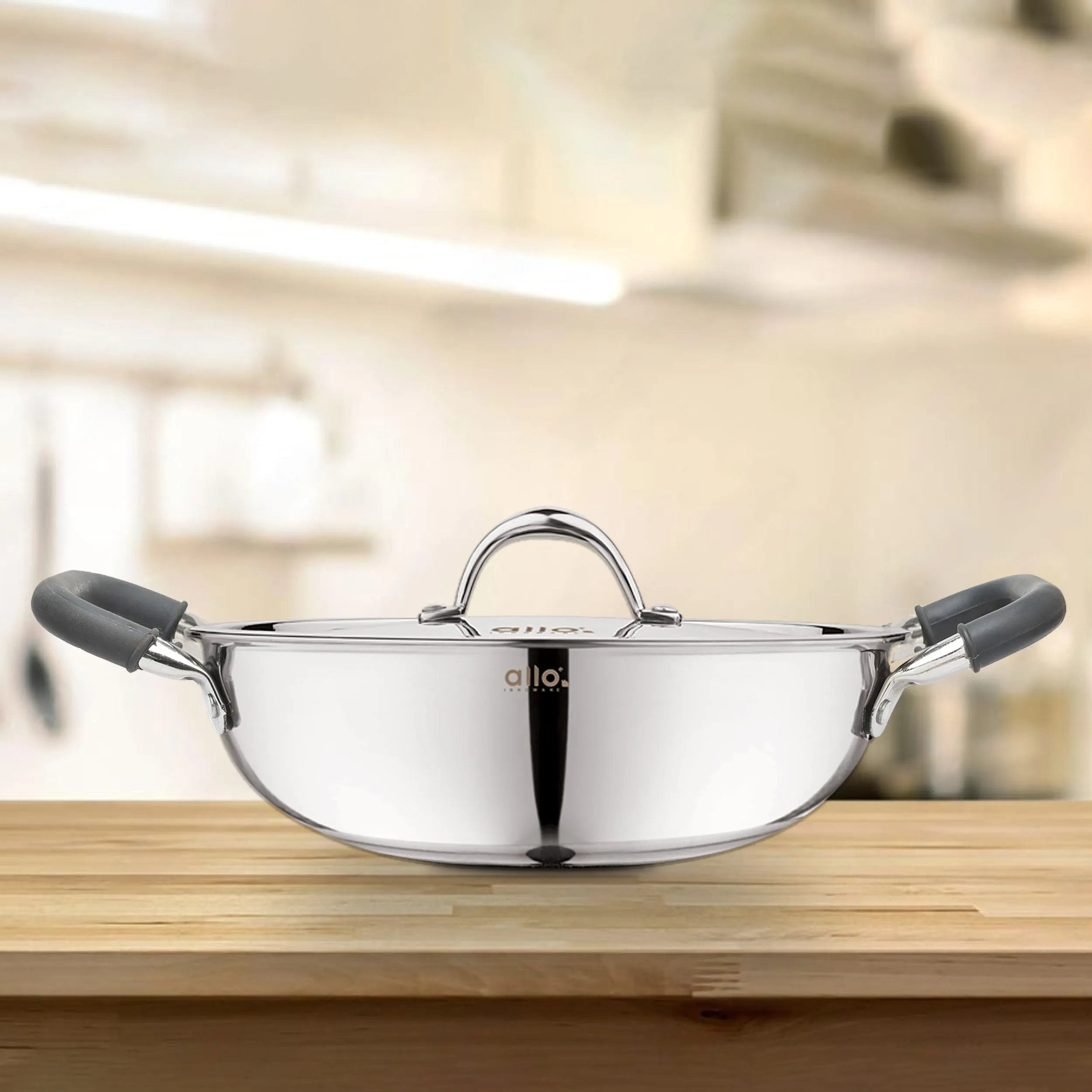 2L Allo CookSafe TriPly Kadhai | Stainless Steel | With Stainless Steel Lid | Induction Friendly | Naturally Non-stick | 22cm