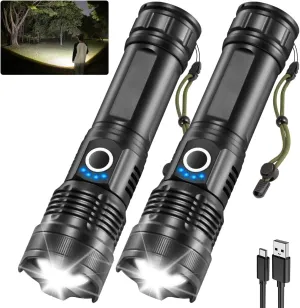 2Pack Rechargeable Flashlights High Lumens, 5Modes LED Flashlight Rechargeable, Super Bright Flashlight High Powered, Adjustable Tactical Flashlight, Powerful Flash Light for Home Emergencies