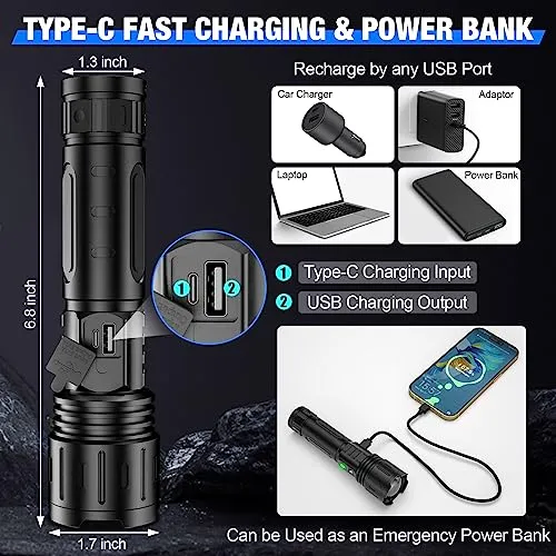 2pcs Flashlights High Lumens Rechargeable- 100000LM Super Bright Powerful LED Flashlight