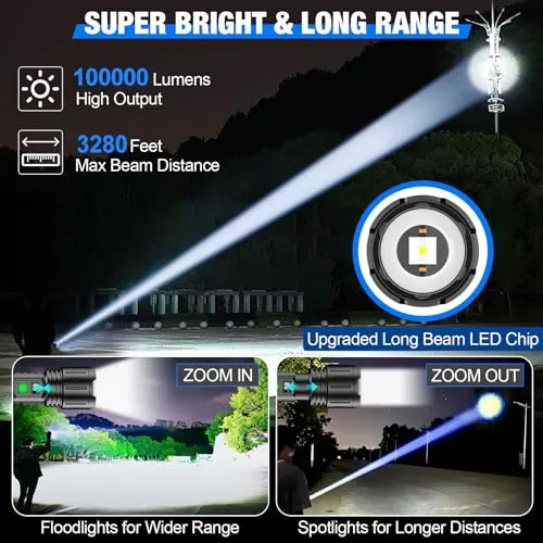 2pcs Flashlights High Lumens Rechargeable- 100000LM Super Bright Powerful LED Flashlight