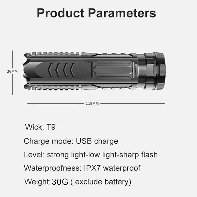 2PCS Germany New Technology Multifunctional Rechargeable Flashlight, Multifunctional Mini Super Strong LED Flashlight, T9 Strong Light Wick Flashlight for Outdoor Camping (Black)