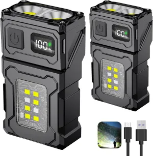 2PCS Mini LED EDC Tactical Flashlight - Multifunctional Outdoor Flashlight for Night Working, Running, Camping, Fishing, Hiking, USB C Charging Warning Flash Light Mobile Phone Emergency Power Bank