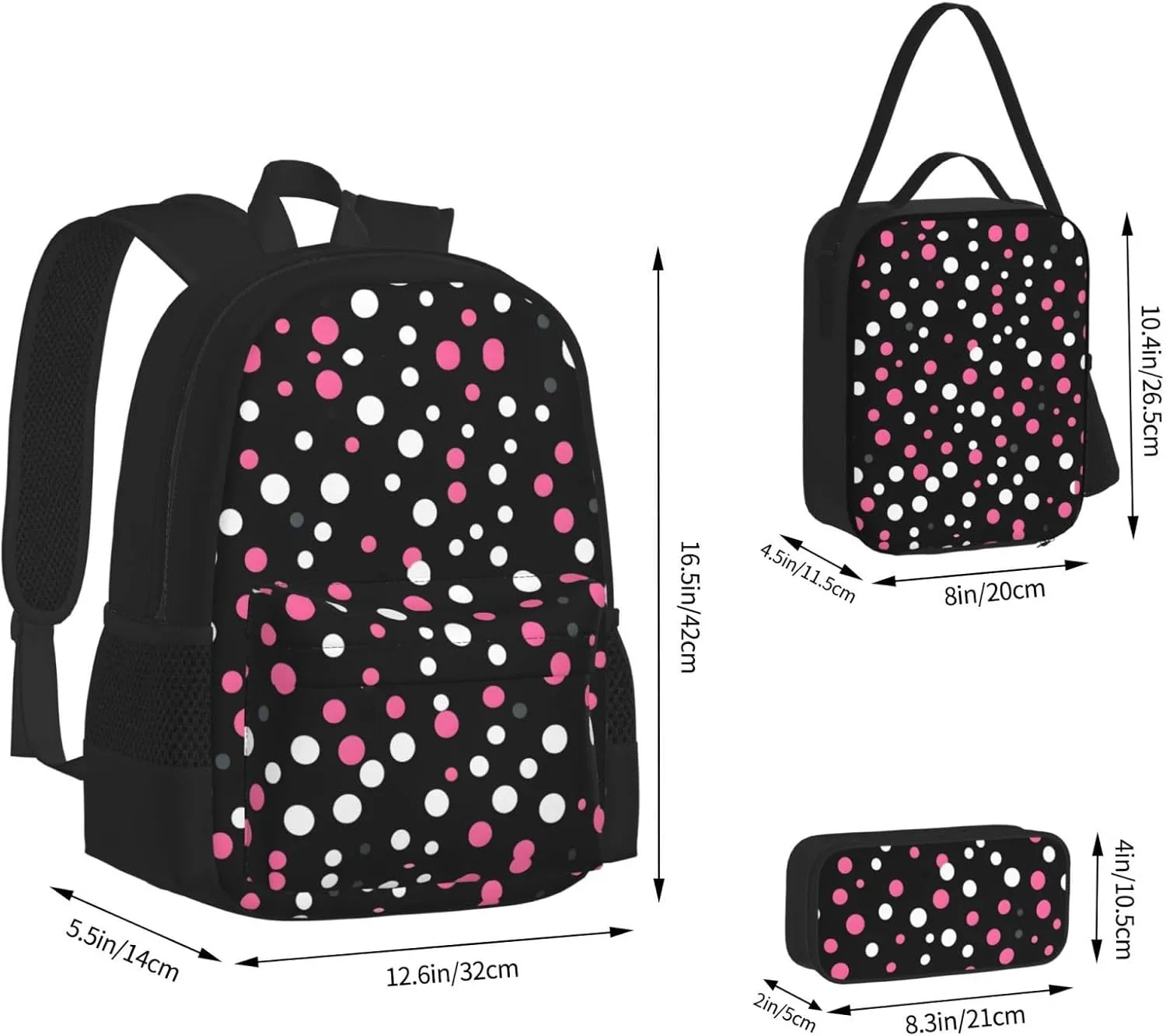 3-In-1 Backpack Bookbag Set,Black Polka Dots Print Casual Travel Backpacks,With Pencil Case Pouch, Lunch Bag