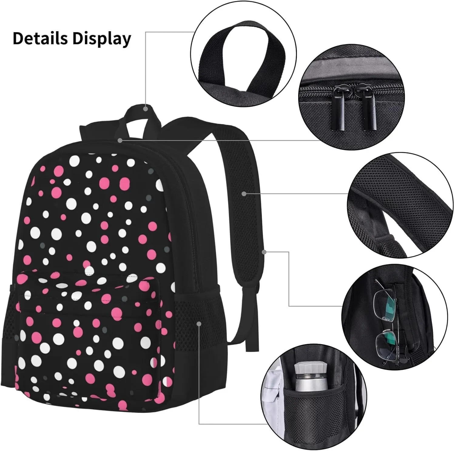 3-In-1 Backpack Bookbag Set,Black Polka Dots Print Casual Travel Backpacks,With Pencil Case Pouch, Lunch Bag