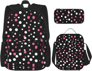 3-In-1 Backpack Bookbag Set,Black Polka Dots Print Casual Travel Backpacks,With Pencil Case Pouch, Lunch Bag