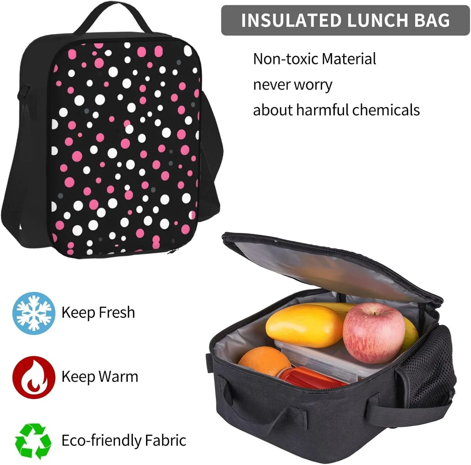 3-In-1 Backpack Bookbag Set,Black Polka Dots Print Casual Travel Backpacks,With Pencil Case Pouch, Lunch Bag