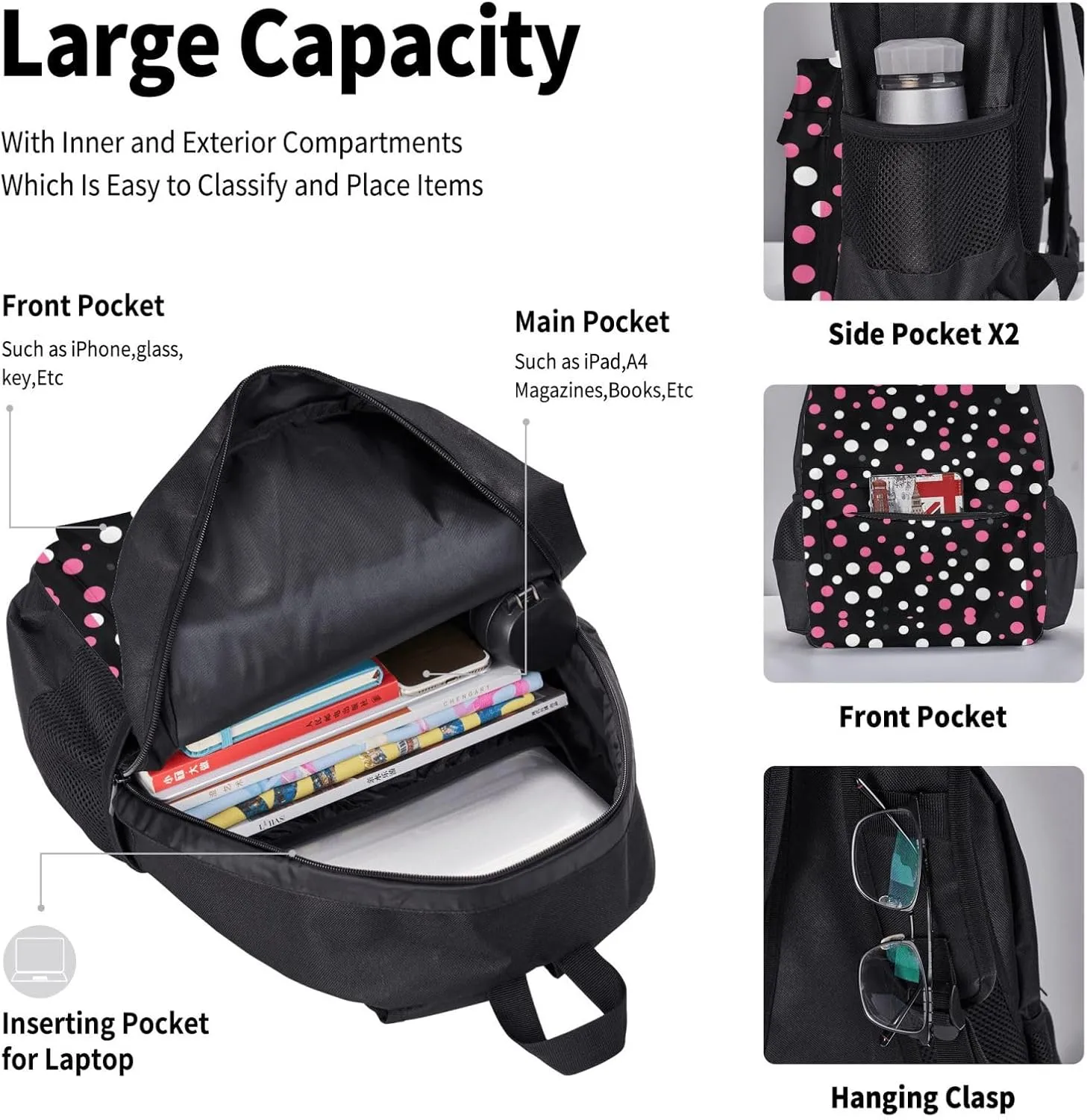 3-In-1 Backpack Bookbag Set,Black Polka Dots Print Casual Travel Backpacks,With Pencil Case Pouch, Lunch Bag