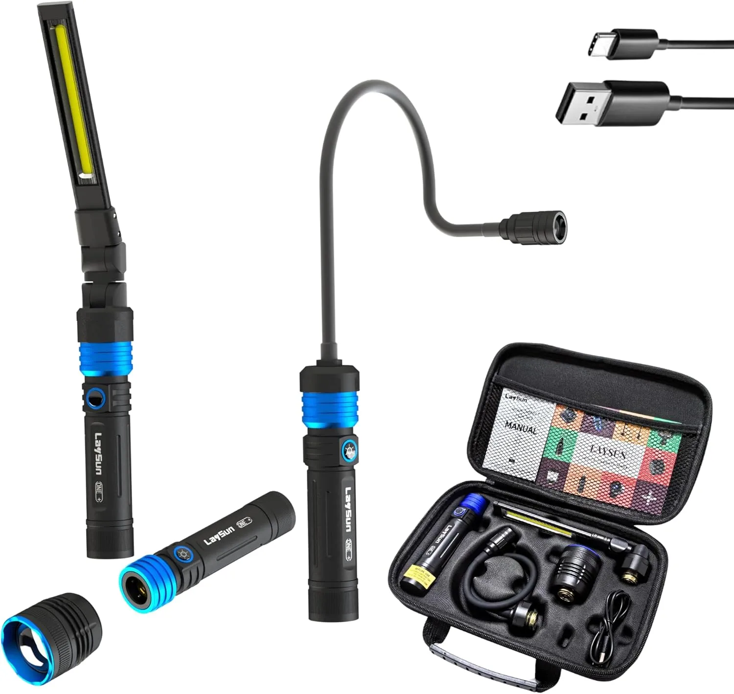 3 in 1 Quick Connect Rechargeable Led Work Light Kit with Magnetic Base, 900LM Zoom LED Flashlight with Flexible Gooseneck Light and Slim Bar Light, 4000ma Battery and USB-C Charge