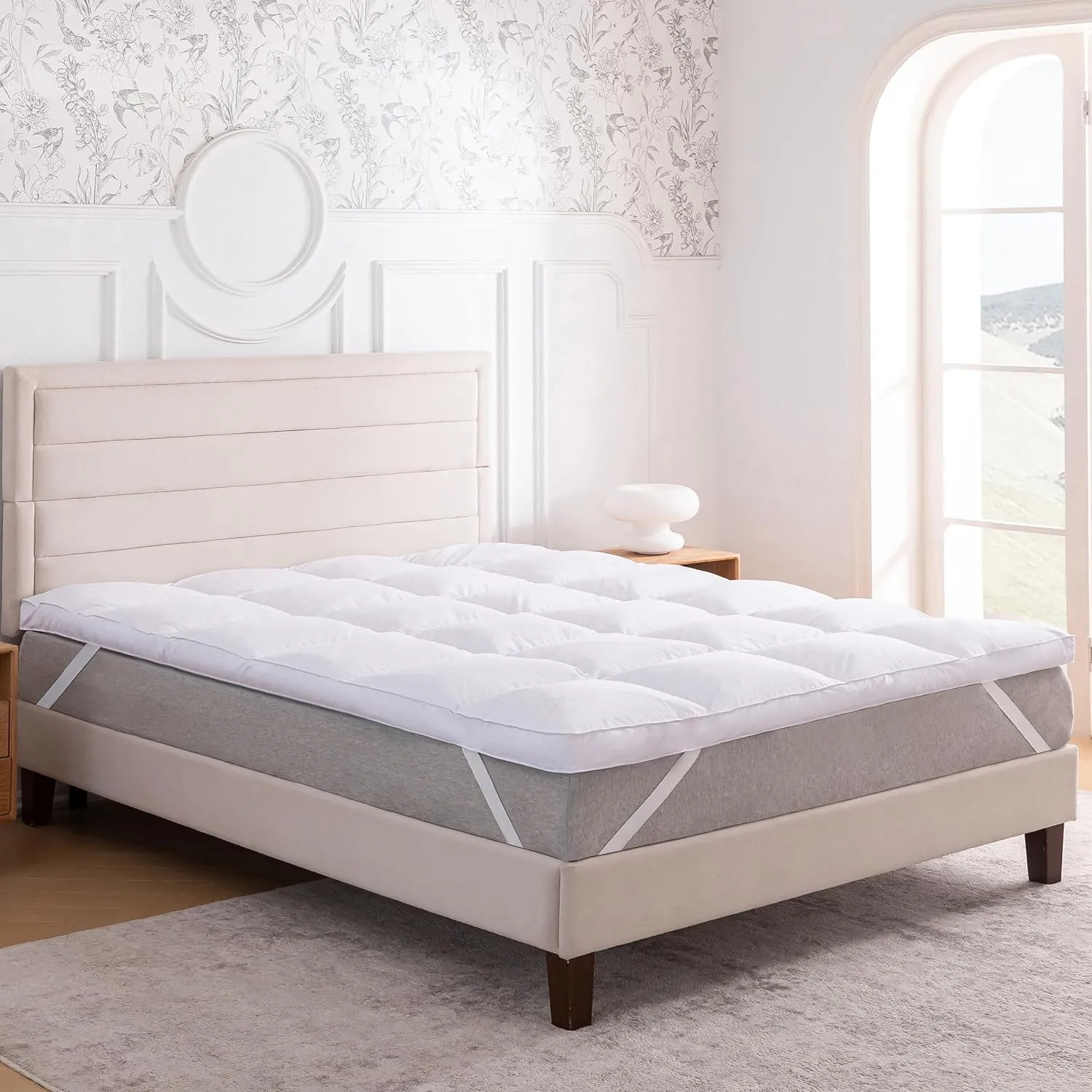 3 Inch White Goose Feather Mattress Topper,King Feather Bed Topper,Mattress Cover with Straps,Ultra Soft Pillowtop,100% Organic Cotton Fabric(78”x80”)