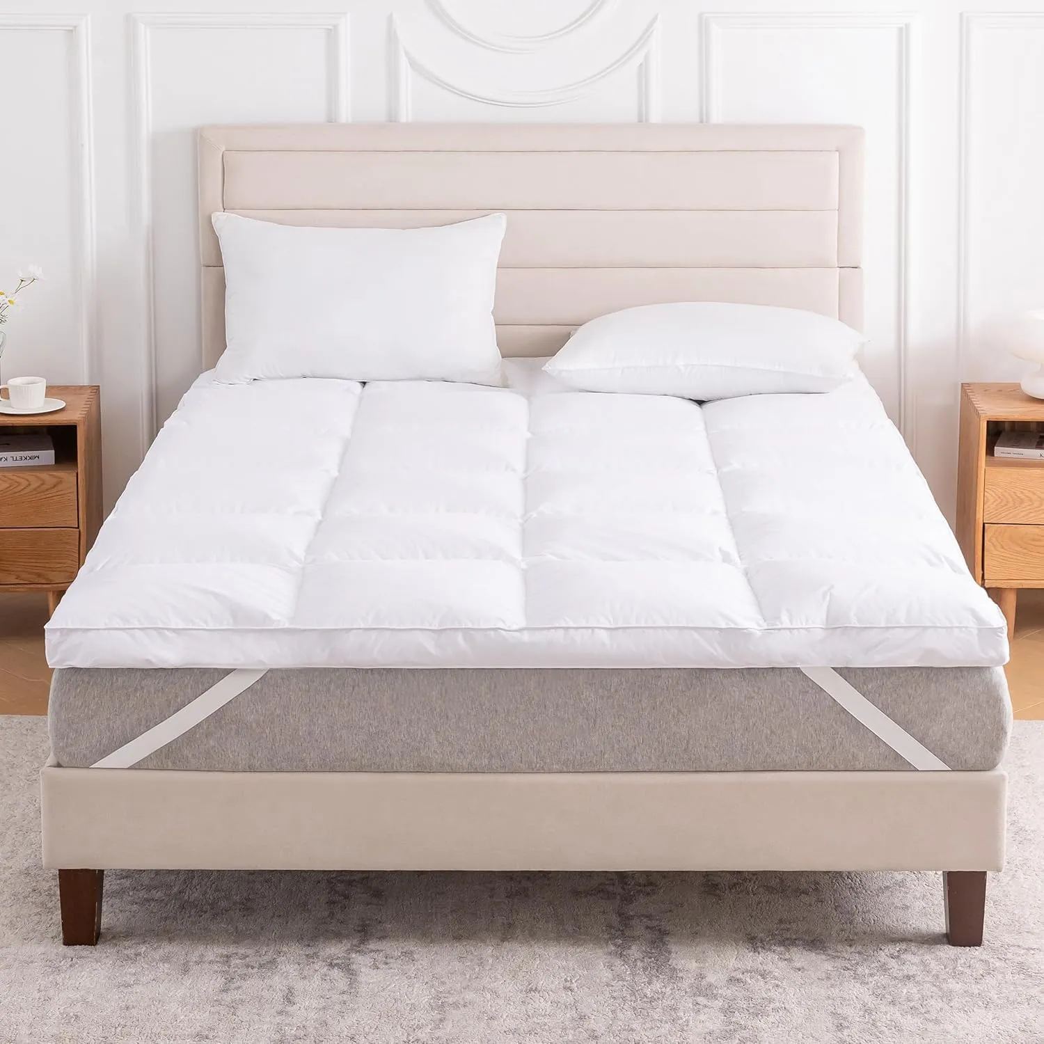 3 Inch White Goose Feather Mattress Topper,Queen Feather Bed Topper,Mattress Cover with Straps,Ultra Soft Pillowtop,100% Organic Cotton Fabric(60”x80”)
