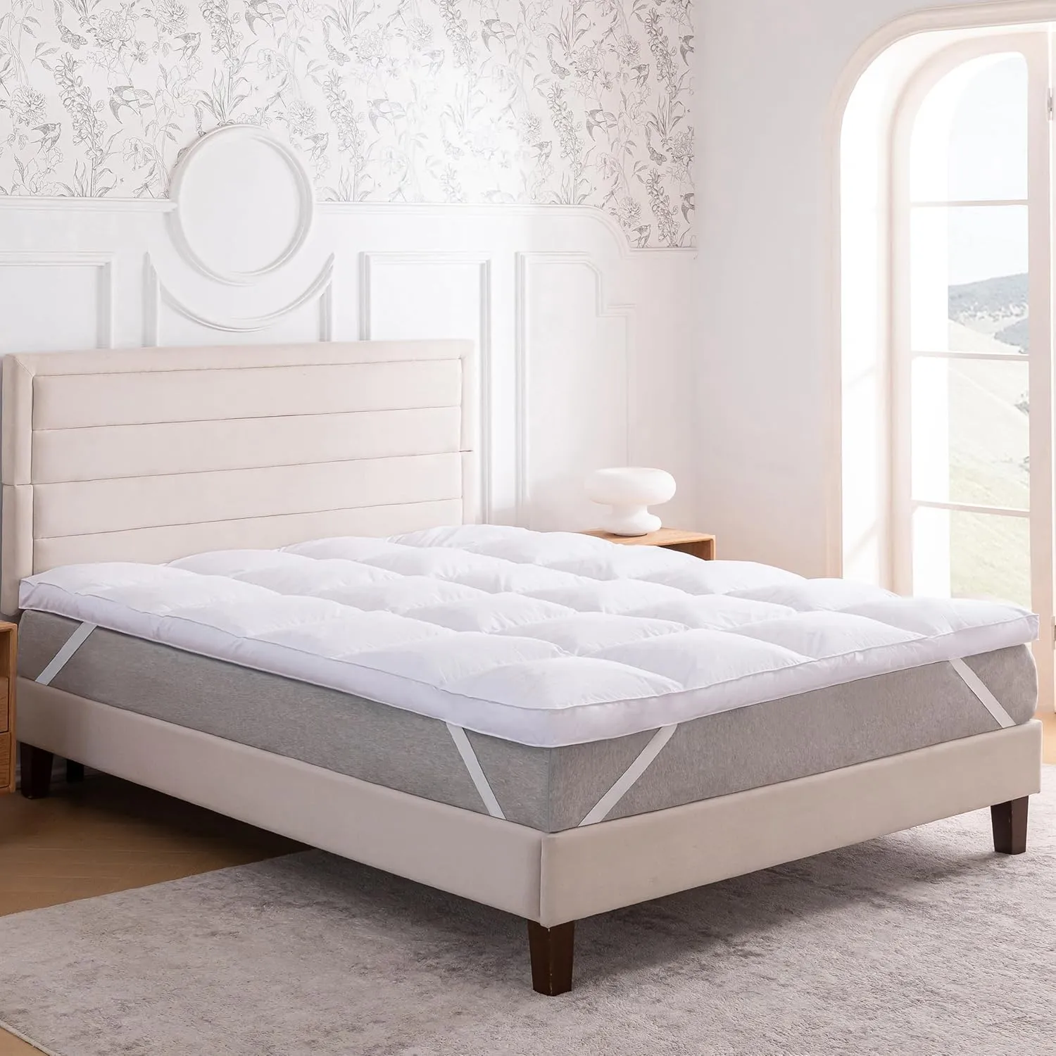 3 Inch White Goose Feather Mattress Topper,Queen Feather Bed Topper,Mattress Cover with Straps,Ultra Soft Pillowtop,100% Organic Cotton Fabric(60”x80”)