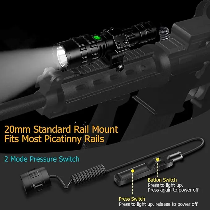 3000 Lumens Picatinny Flashlights, Tactical Flashlight with Picatinny Rails Mount and Pressure Switch, 5 Modes Rifle Flashlight USB Rechargeable Light for Outdoor Hiking