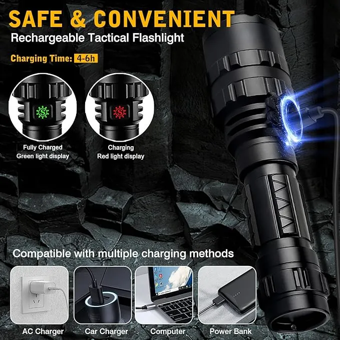 3000 Lumens Picatinny Flashlights, Tactical Flashlight with Picatinny Rails Mount and Pressure Switch, 5 Modes Rifle Flashlight USB Rechargeable Light for Outdoor Hiking