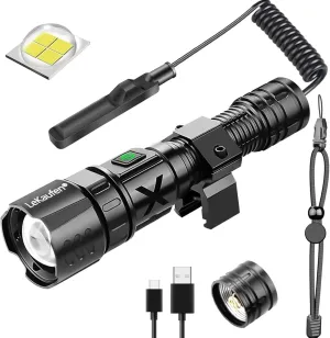 3000 Lumens XHP70 Tactical Flashlight for Rifle - USB Rechargeable Picatinny Rails Mount Flashlight with Pressure Switch, Adjust Focus, 5 Modes Bright Weapon Light for Outdoor Indoor