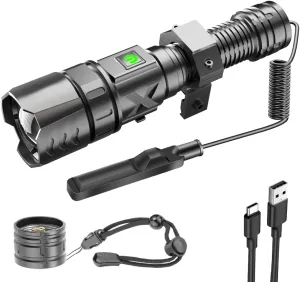 3000 Lumens XHP70 Tactical Flashlight with Picatinny Rail Mount and Pressure Switch, 5 Modes Picatinny Flashlight, USB Rechargeable Rifle Light for Outdoor Adventures