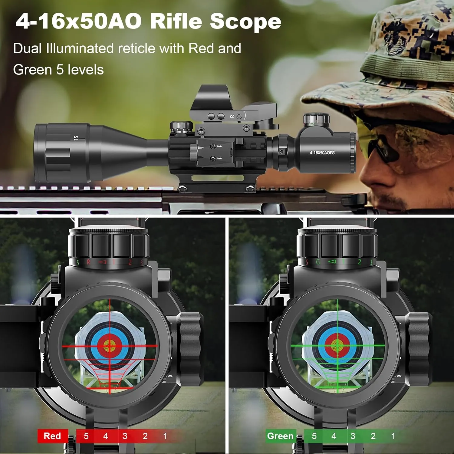 4-16x50 AO Rifle Scope Combo Red/Green Dual Illuminated Optics with Tail Switch Green Laser Sight Reflex 4 Holographic Reticle Red/Green Dot Sight for Rail Mount 5 Modes Flashlight
