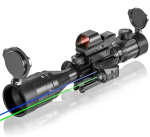 4-16x50 AO Rifle Scope Combo Red/Green Dual Illuminated Optics with Tail Switch Green Laser Sight Reflex 4 Holographic Reticle Red/Green Dot Sight for Rail Mount 5 Modes Flashlight