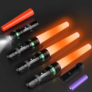 4 Pack 11 Inch Rechargeable Traffic Wand, Small Traffic Flashlight Wand with 1 Charger & 4 Battery, Led Flashlight Baton with 5 Flashing Modes for Air Marshaling, Traffic Control