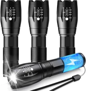 4 Pack LED Tactical Flashlights Torch, High Lumens Handheld Flashlight Zoomable, 5 Modes Bright Portable Lights for Emergencies, Outdoor, Camping