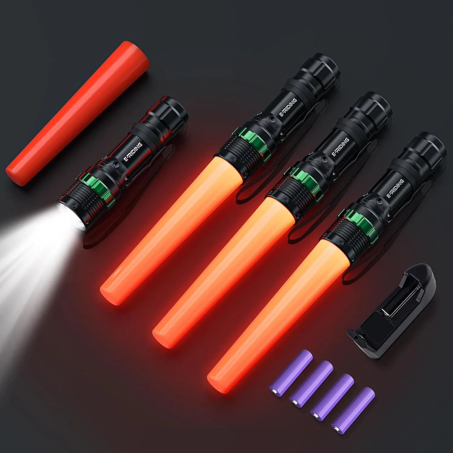 4 Pack Rechargeable Traffic Wand, 11 Inch LED Traffic Control Flashlight, Small Orange Safety Baton with 5 Flashing Modes, Air Marshaling Wand for Airport, Parking Directing