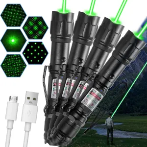 [4 Packs] Green Light Handheld Flashlight Rechargeable, Long Range Adjustable Focus Tactical Beam for Outdoor Journeys, Camping, Presentations, TV/LED/LCD Screens, and Stargazing