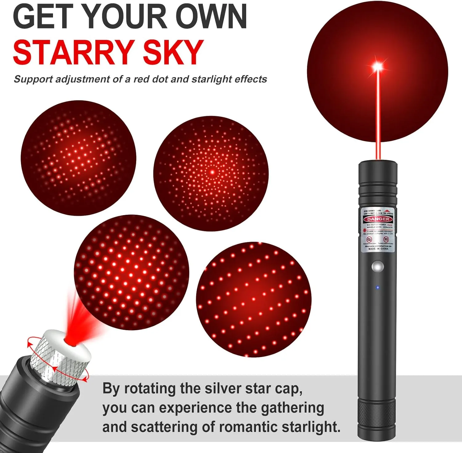 [4 Packs] Red Light Flashlight, Long Distance USB Rechargeable Tactical Beam with Star Cap Adjustable Effect for Outdoor Journeys, Presentations, TV/LED/LCD Screens, and Stargazing