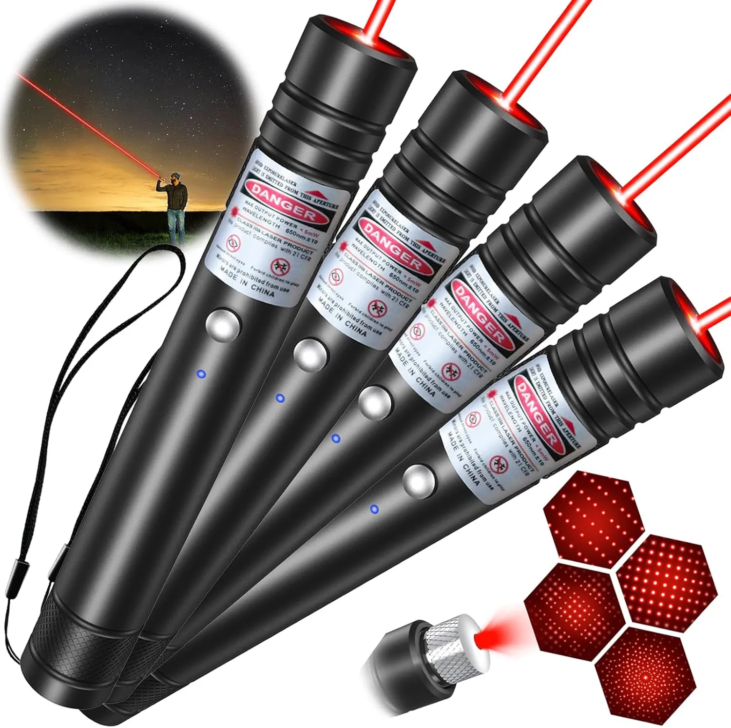 [4 Packs] Red Light Flashlight, Long Distance USB Rechargeable Tactical Beam with Star Cap Adjustable Effect for Outdoor Journeys, Presentations, TV/LED/LCD Screens, and Stargazing