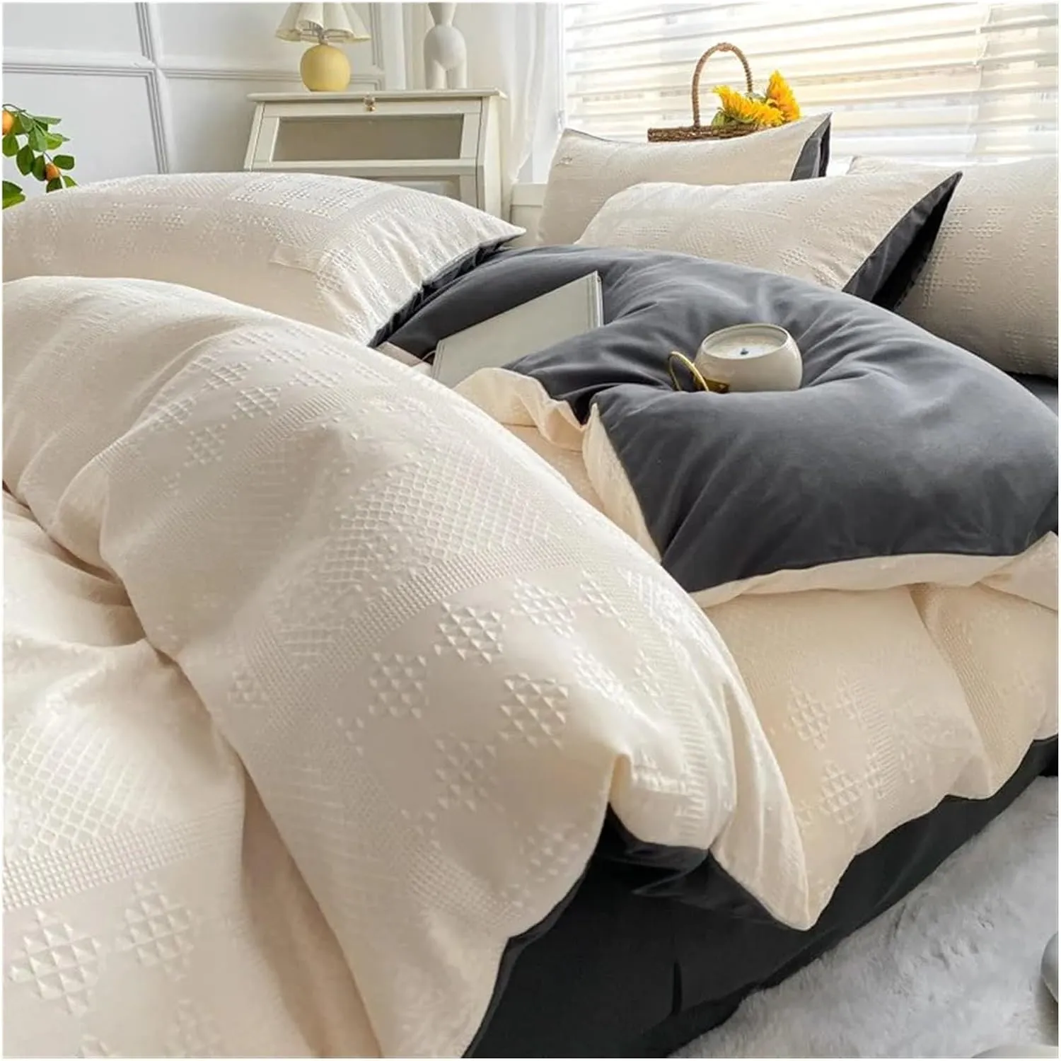 4-Piece Bedding Set Feather Duvet Cover Set Sheet Set Washed Cotton no Filler,Easy Care (B Twin)