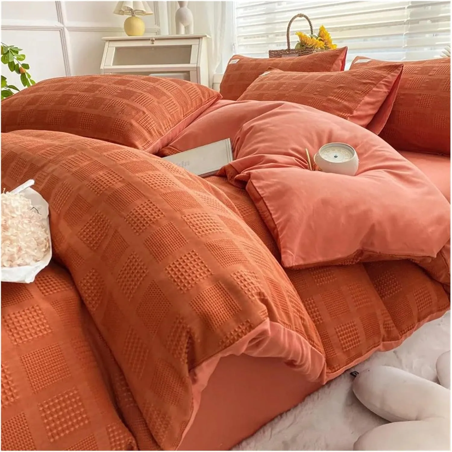 4-Piece Bedding Set Feather Duvet Cover Set Sheet Set Washed Cotton no Filler,Easy Care (B Twin)