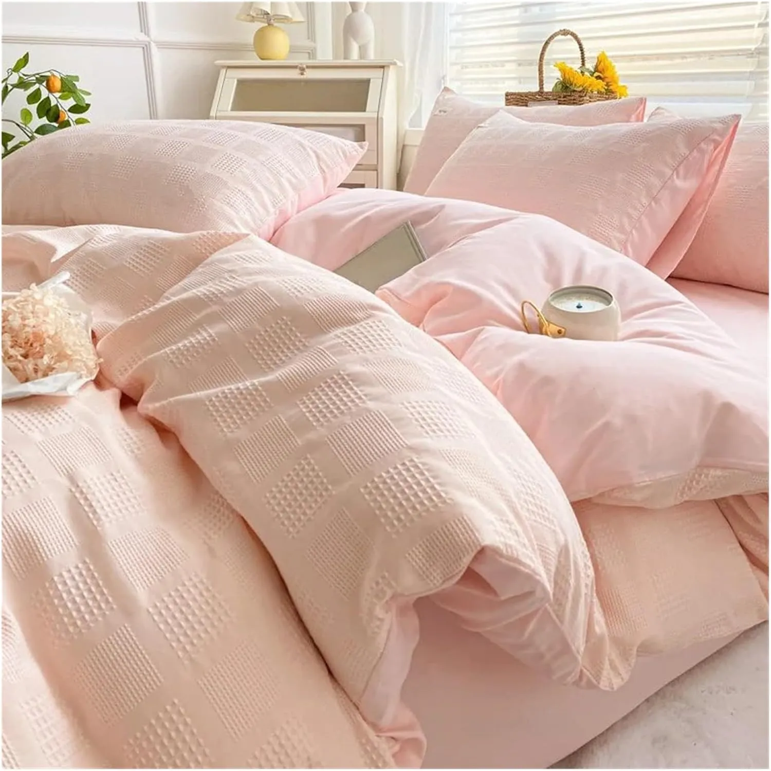 4-Piece Bedding Set Feather Duvet Cover Set Sheet Set Washed Cotton no Filler,Easy Care (B Twin)