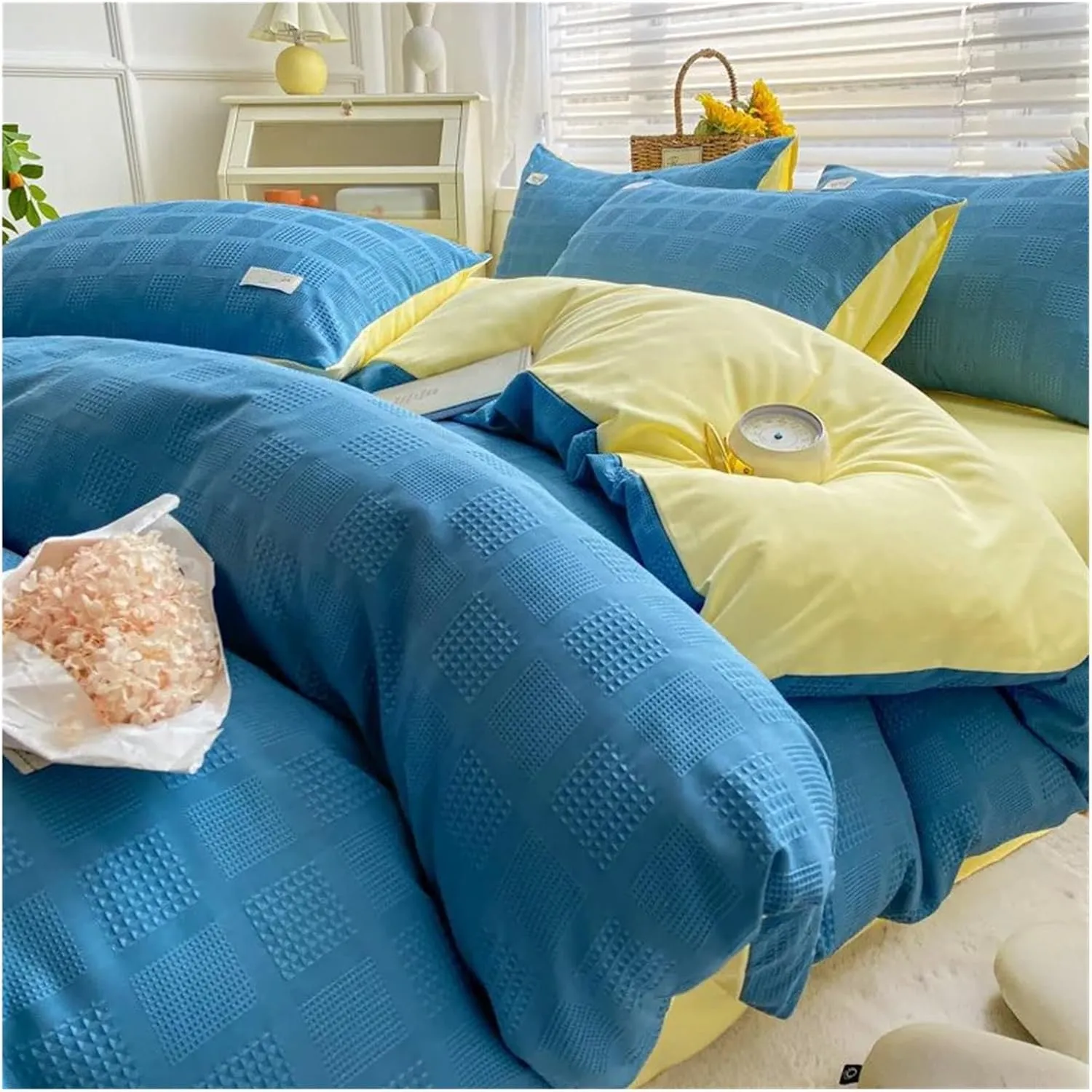 4-Piece Bedding Set Feather Duvet Cover Set Sheet Set Washed Cotton no Filler,Easy Care (B Twin)