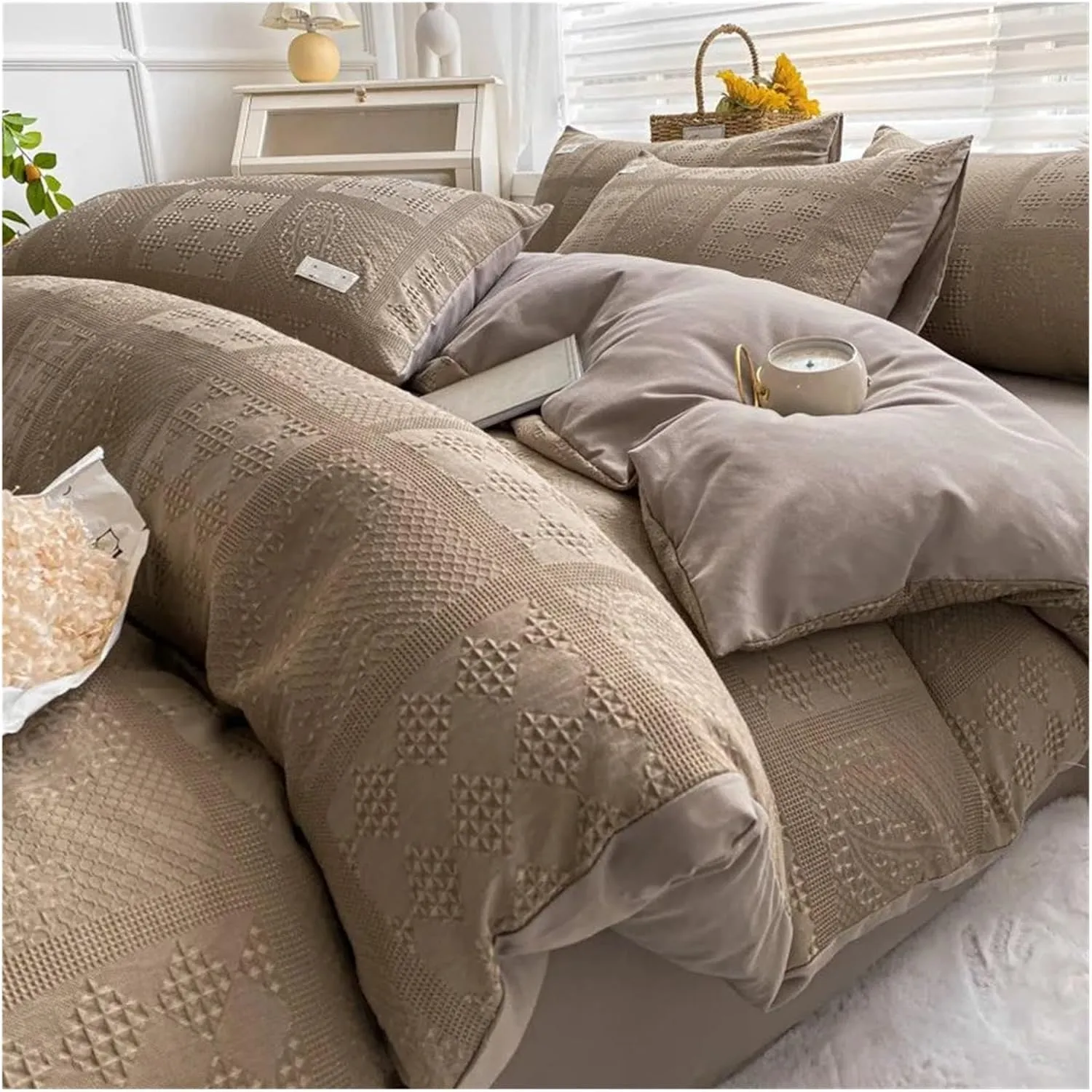 4-Piece Bedding Set Feather Duvet Cover Set Sheet Set Washed Cotton no Filler,Easy Care (B Twin)