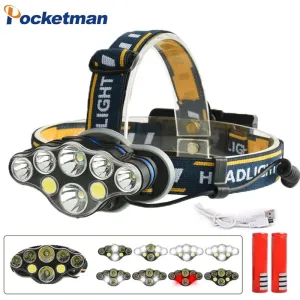 40000LM COB LED Headlight  T6 Rechargeable Headlamp 8-Mode Waterproof Flashlight with USB Charge 18650 Battery for Camping