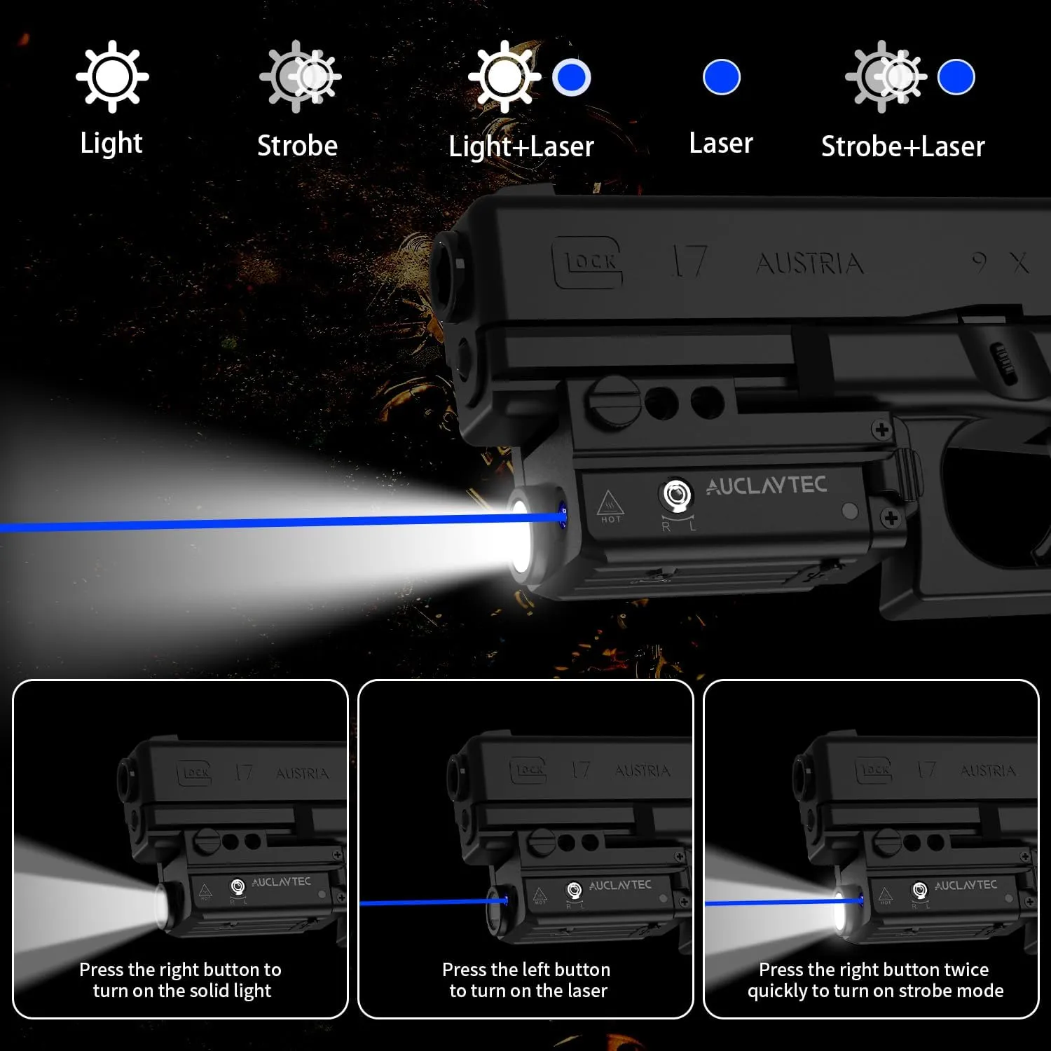 450 Lumen Pistol Flashlight Blue Beam Laser Light Combo Gun Light, Compact Pistol Laser Flashlight Combo USB-C Rechargeable Tactical Flashlight for GL or Picatinny Rail