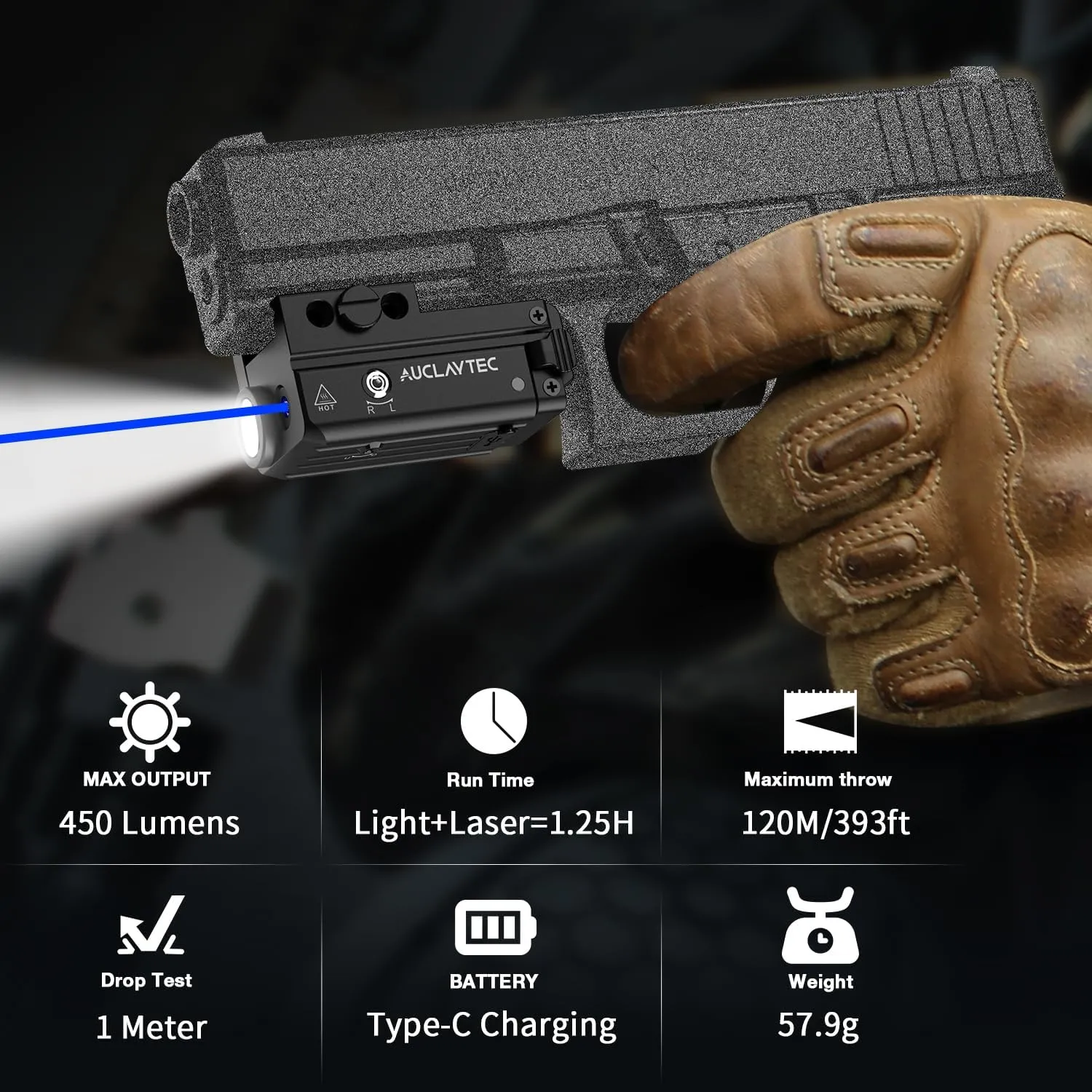 450 Lumen Pistol Flashlight Blue Beam Laser Light Combo Gun Light, Compact Pistol Laser Flashlight Combo USB-C Rechargeable Tactical Flashlight for GL or Picatinny Rail