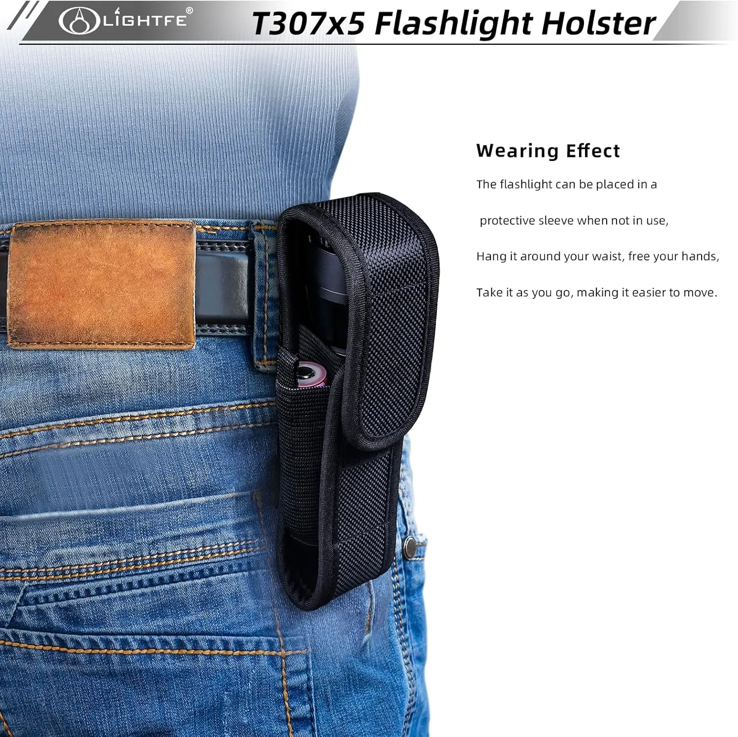 5-Pack Flashlight Holster T307 Tactical Flashlight Holster Suitable for flashlights with a Length of 5.5"-6.2" or a Diameter of 32mm, to a Length of160mm Adjustable Thick and Durable Flashlight Pouch