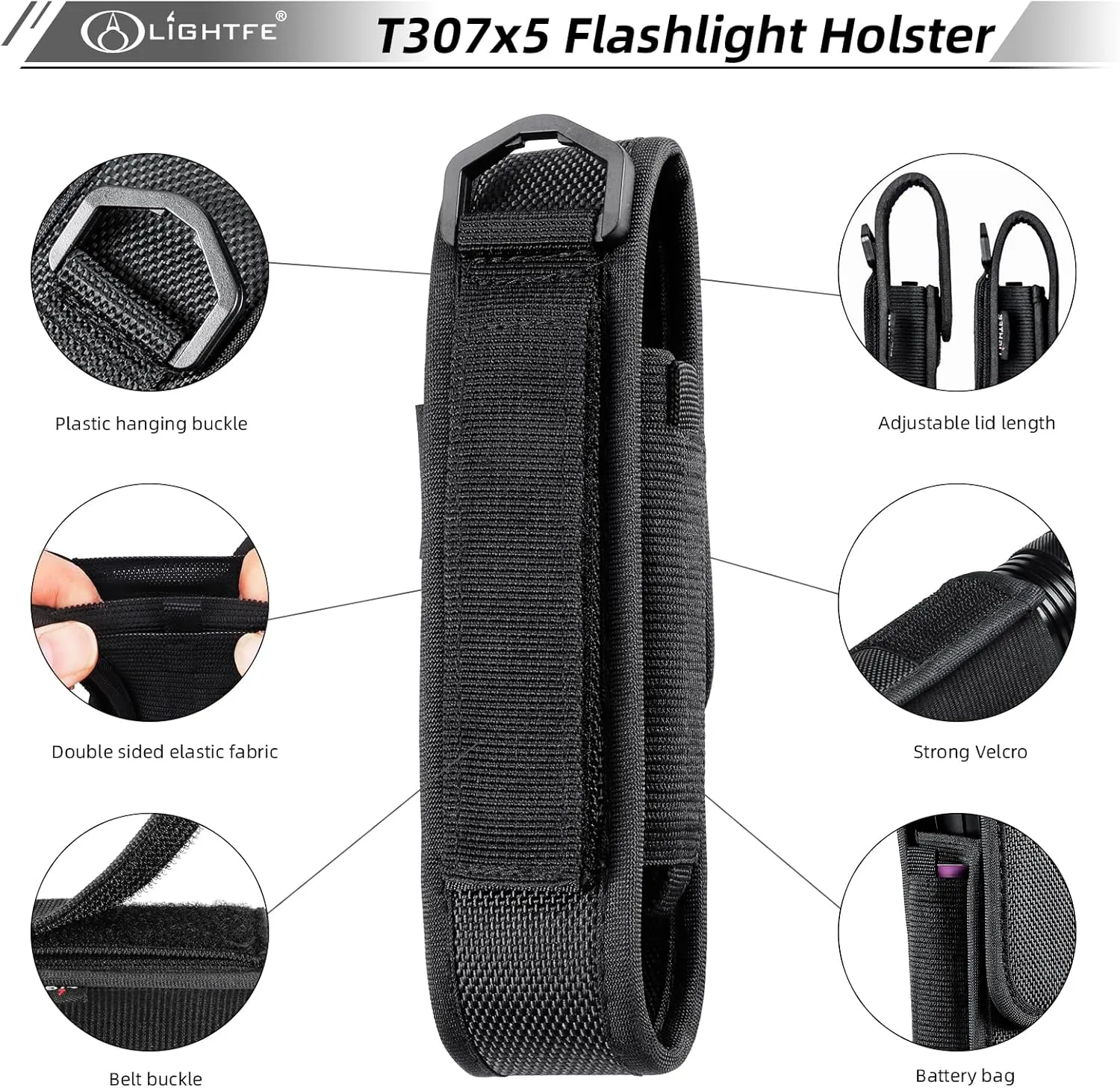 5-Pack Flashlight Holster T307 Tactical Flashlight Holster Suitable for flashlights with a Length of 5.5"-6.2" or a Diameter of 32mm, to a Length of160mm Adjustable Thick and Durable Flashlight Pouch