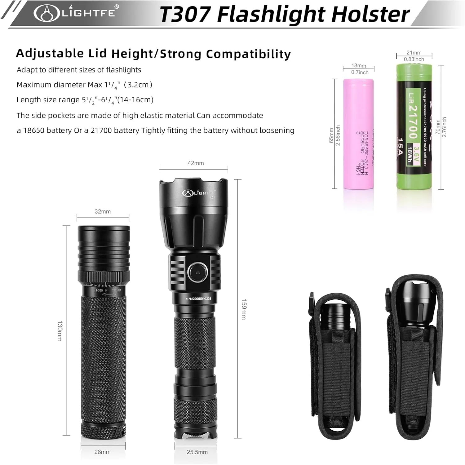 5-Pack Flashlight Holster T307 Tactical Flashlight Holster Suitable for flashlights with a Length of 5.5"-6.2" or a Diameter of 32mm, to a Length of160mm Adjustable Thick and Durable Flashlight Pouch