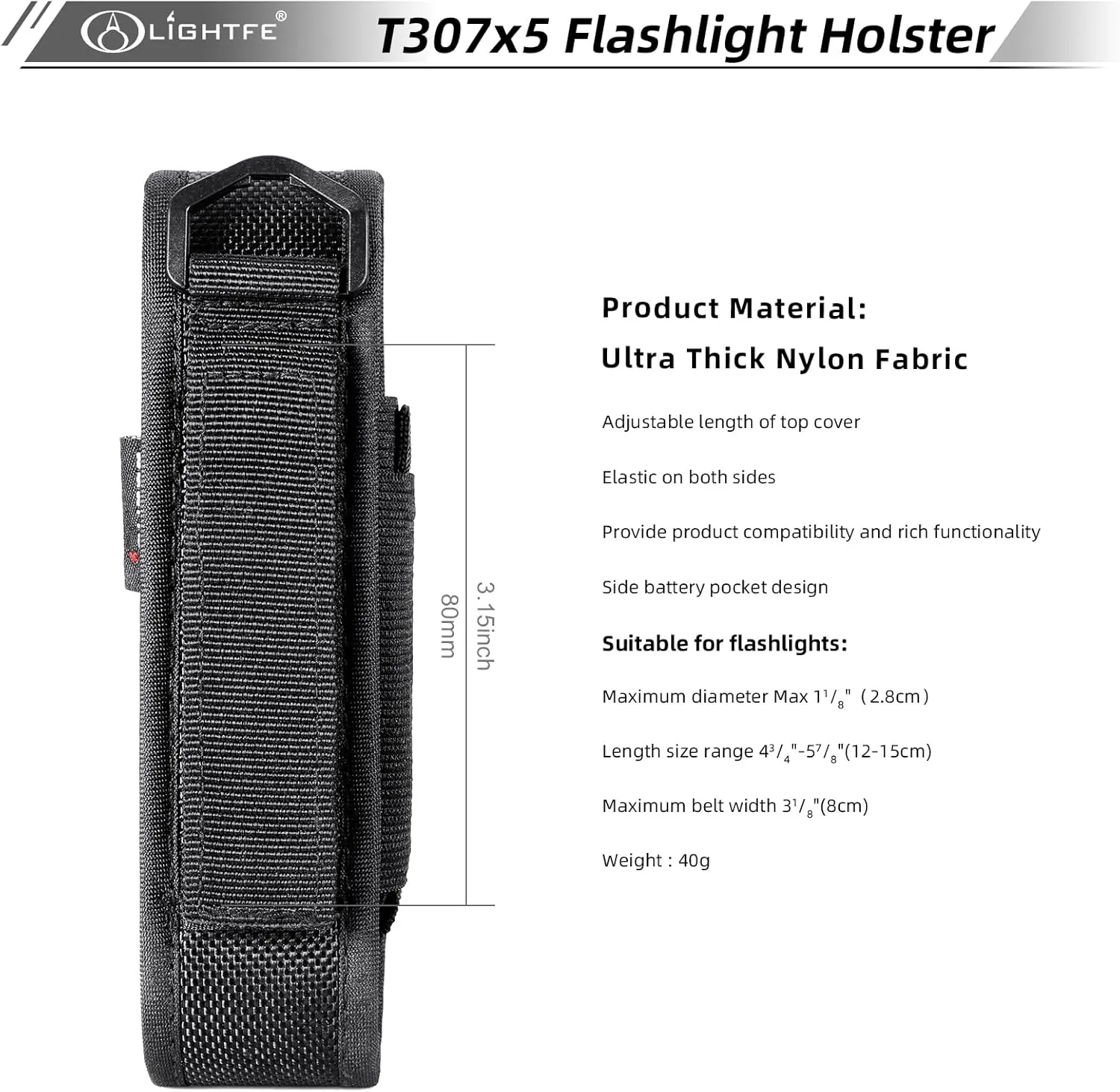 5-Pack Flashlight Holster T307 Tactical Flashlight Holster Suitable for flashlights with a Length of 5.5"-6.2" or a Diameter of 32mm, to a Length of160mm Adjustable Thick and Durable Flashlight Pouch