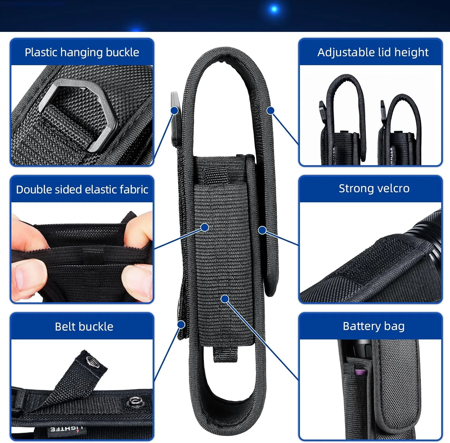 5-Pack Flashlight holster T310 tactical flashlight holster suitable for flashlights with a length of 6"-6.7" or a diameter of 40mm, to a length of 170 mm. Adjustable thick and durable flashlight Pouch