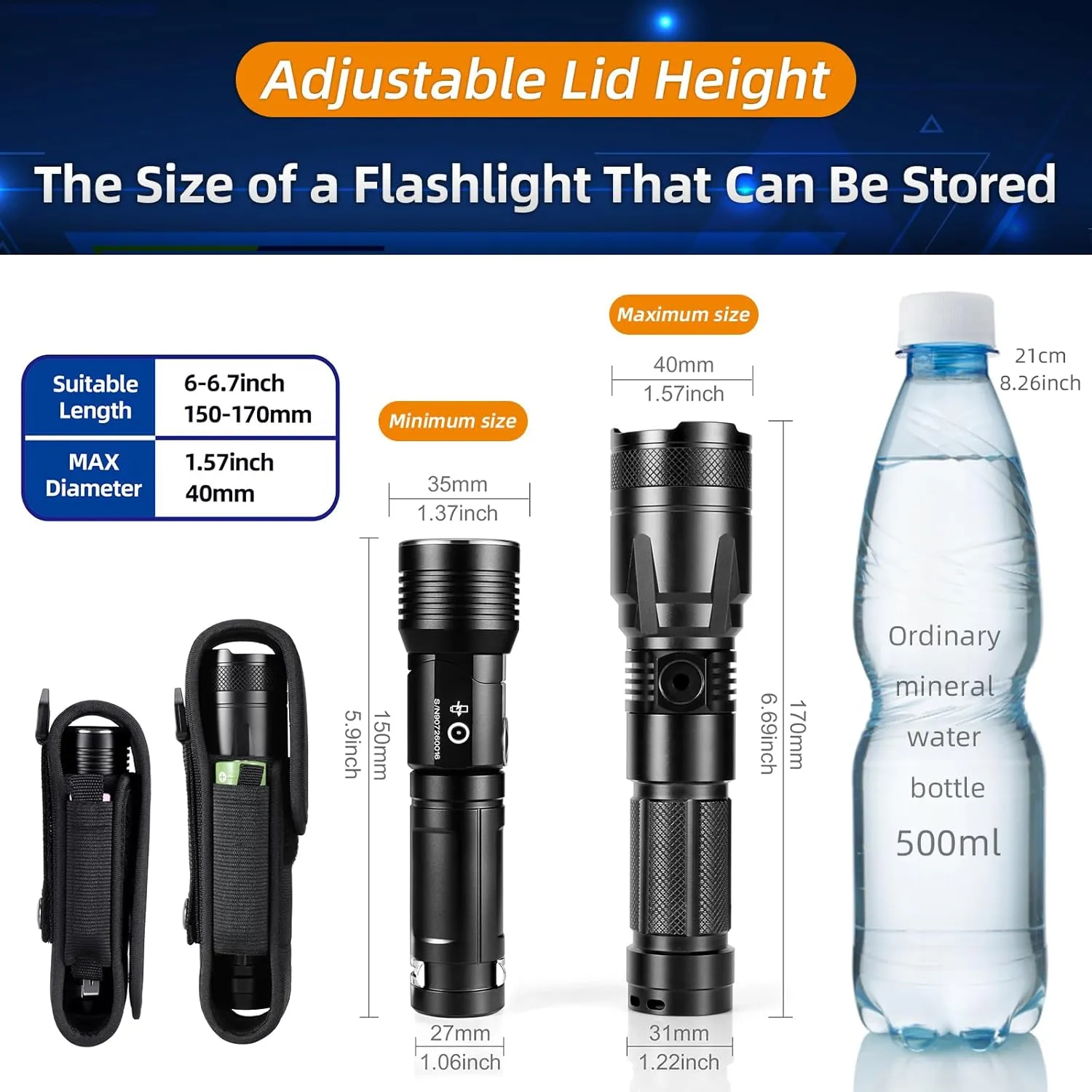 5-Pack Flashlight holster T310 tactical flashlight holster suitable for flashlights with a length of 6"-6.7" or a diameter of 40mm, to a length of 170 mm. Adjustable thick and durable flashlight Pouch